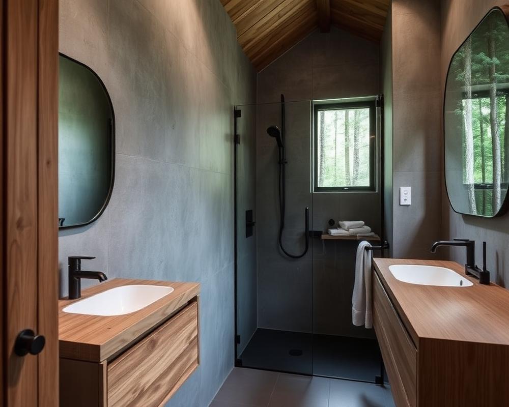 Modern cabin bathroom with timber vanity