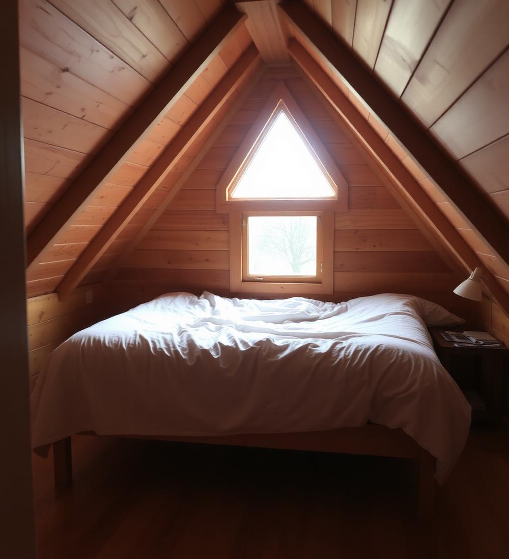 Loft bedroom under a sloped timber ceiling