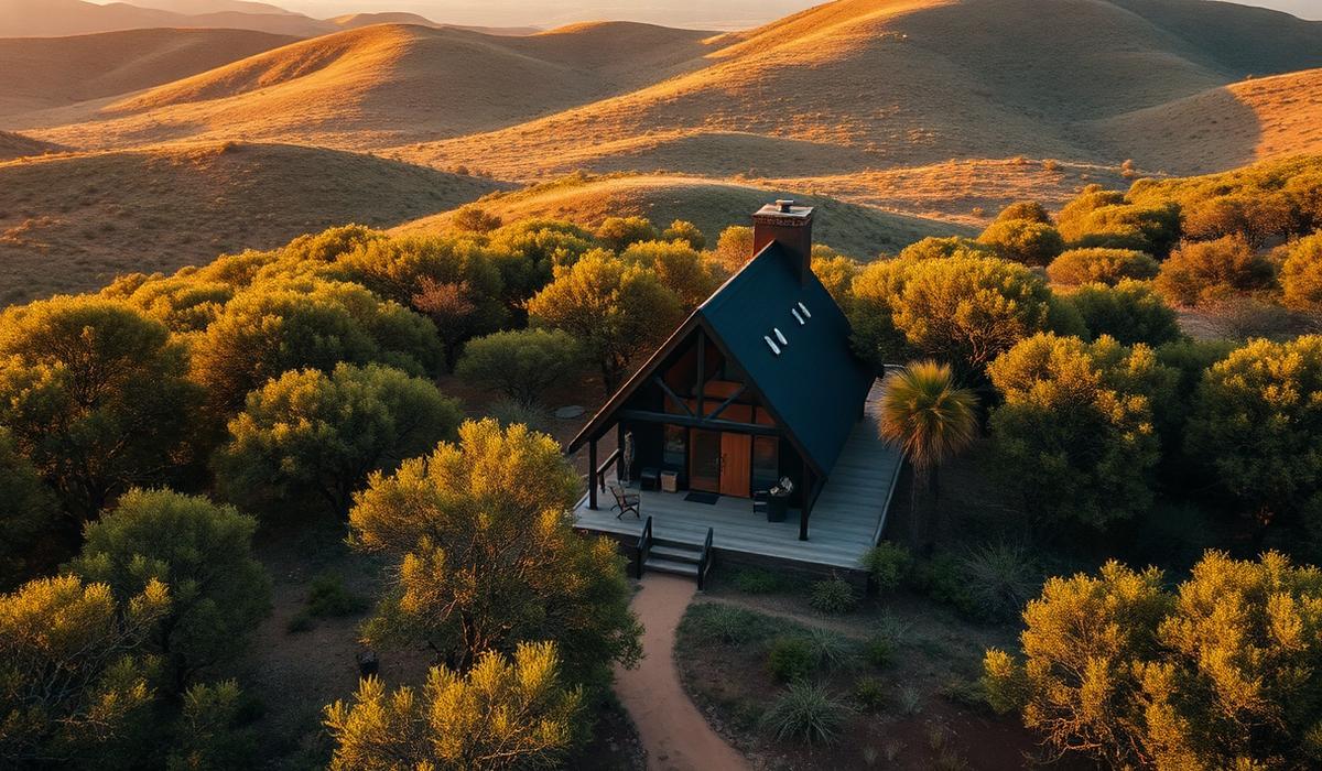 Aerial view of an A-frame cabin among acacia trees and green hills
