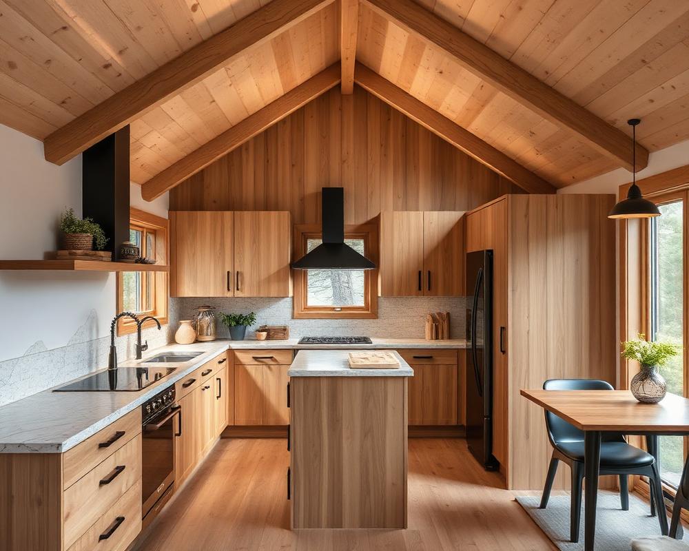 Open kitchen with oak cabinetry inside an A-frame