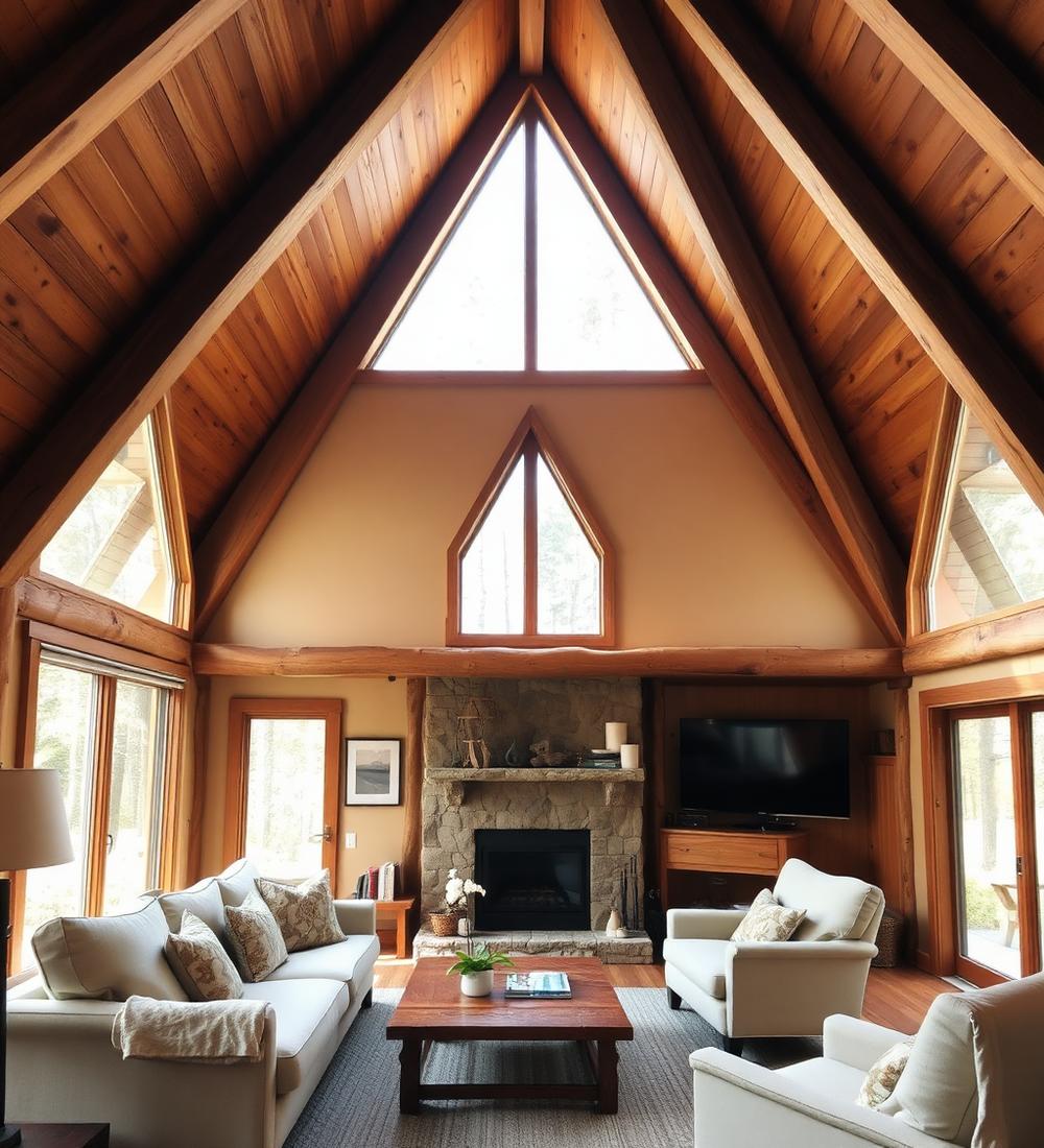 Warm A-frame living room with soaring timber ceiling