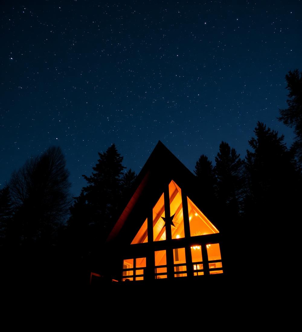 A-frame cabin glowing under a starry sky