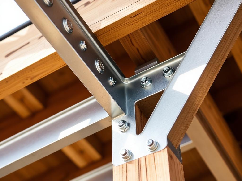 Galvanised steel brackets bolted to timber beams