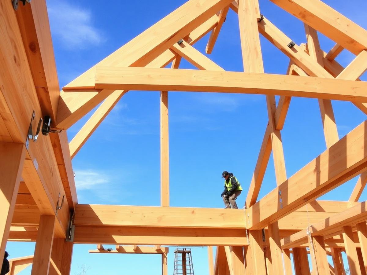 A-frame timber structure being raised on site