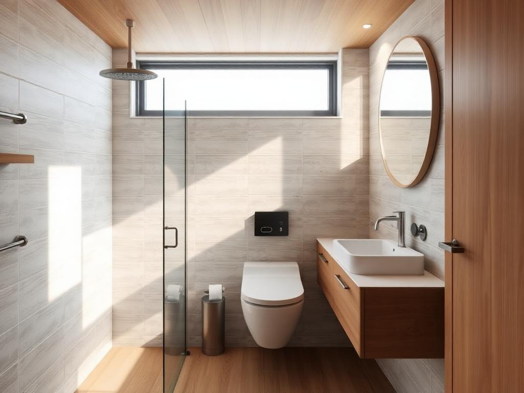 Bathroom with wall-hung toilet and vanity