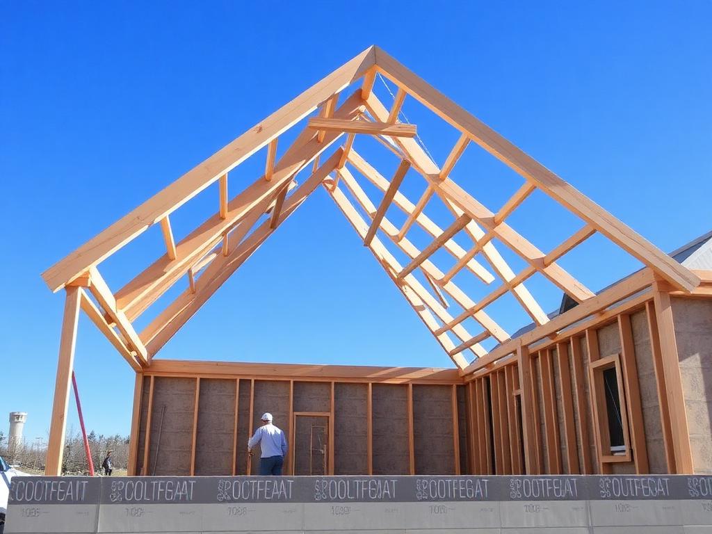 A-frame timber structure being raised on a slab