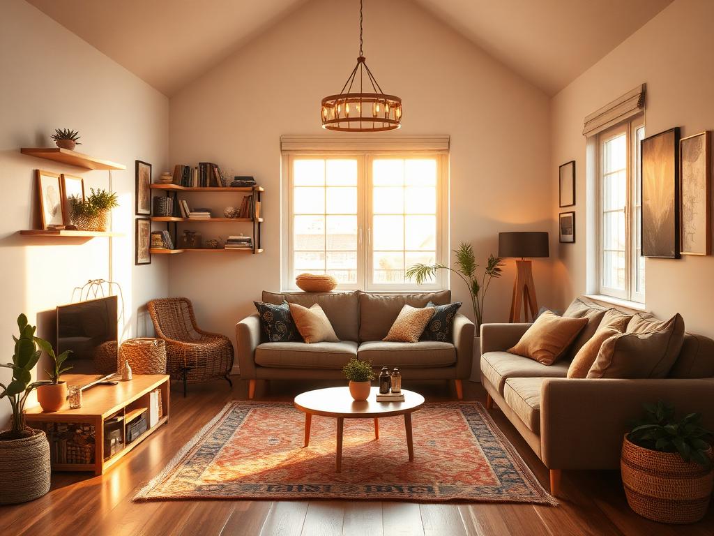 Furnished A-frame living room at golden hour