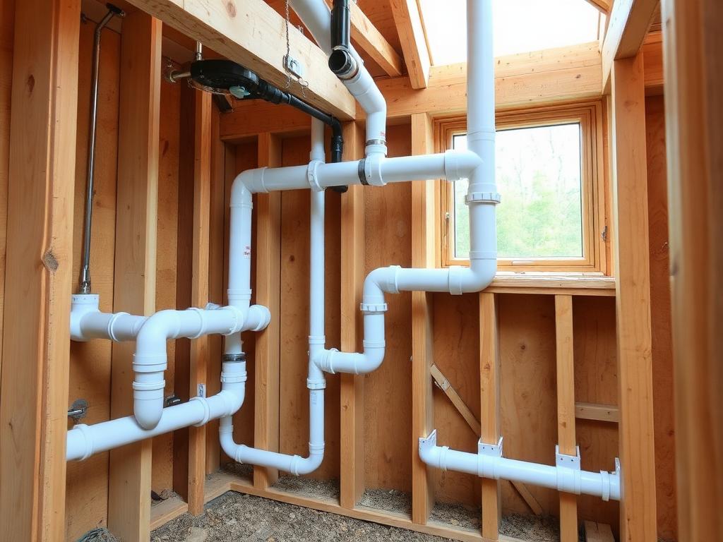Plumbing pipework first fix inside a timber frame