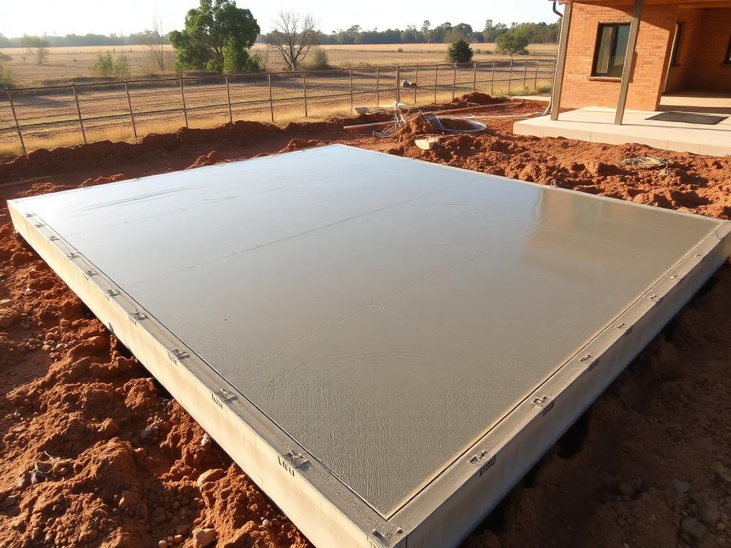 Levelled concrete slab foundation on a rural site