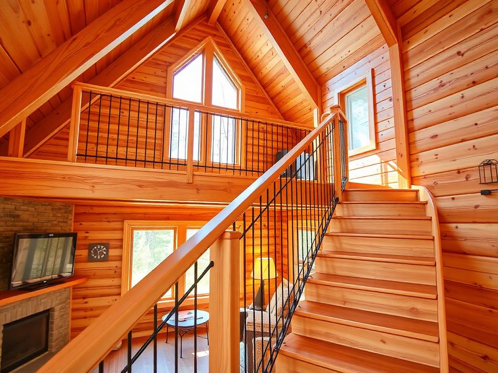 Timber staircase and railing to a mezzanine