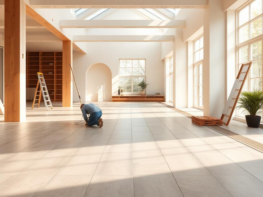 Large format floor tiles being laid
